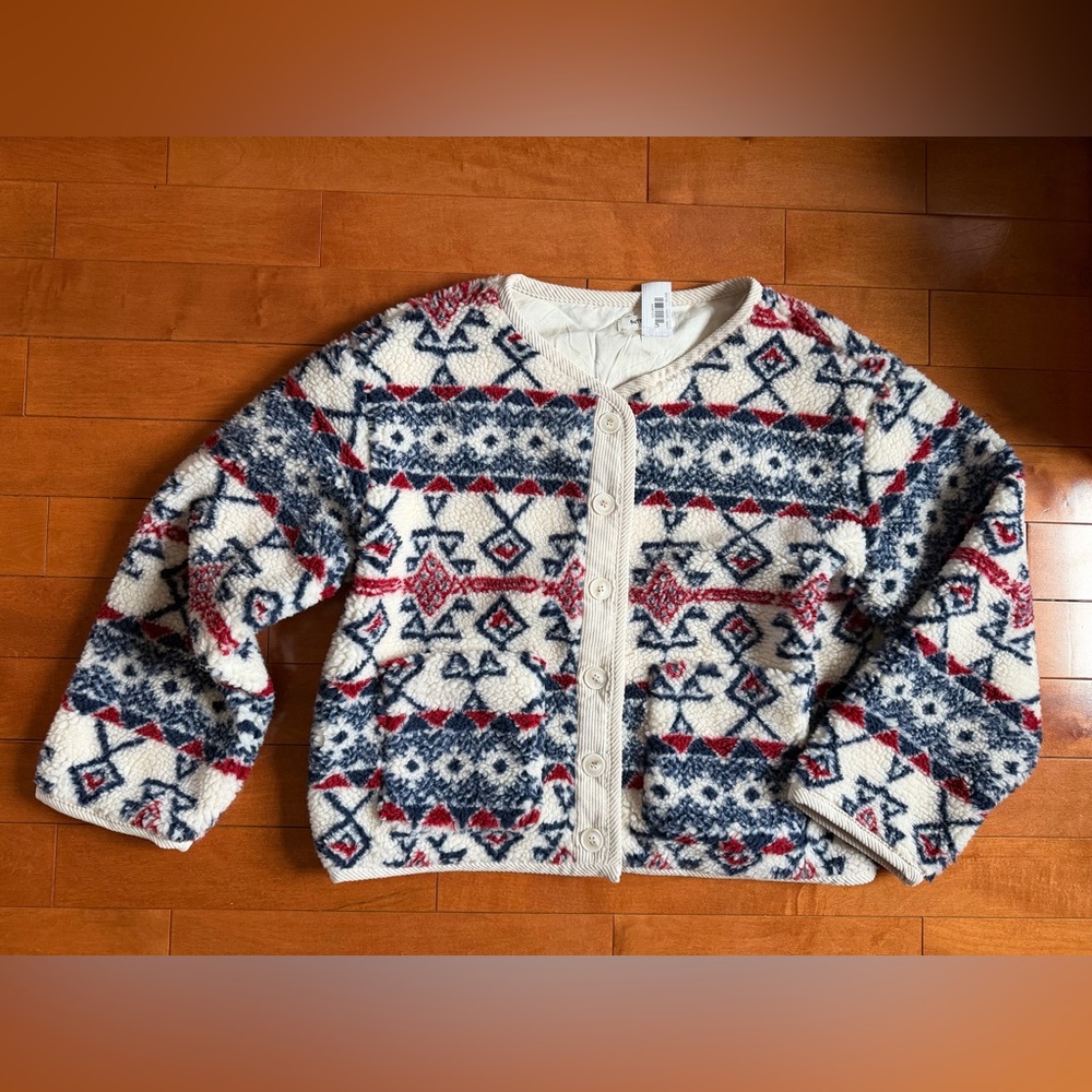Buttermelon Geometric Button-Front Fleece Cardigan Sweater - Size Large - NWT